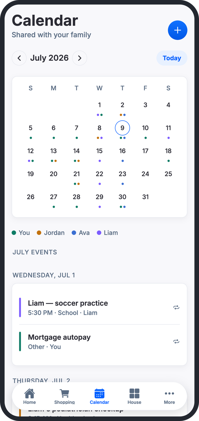 Shared family calendar with color-coded members